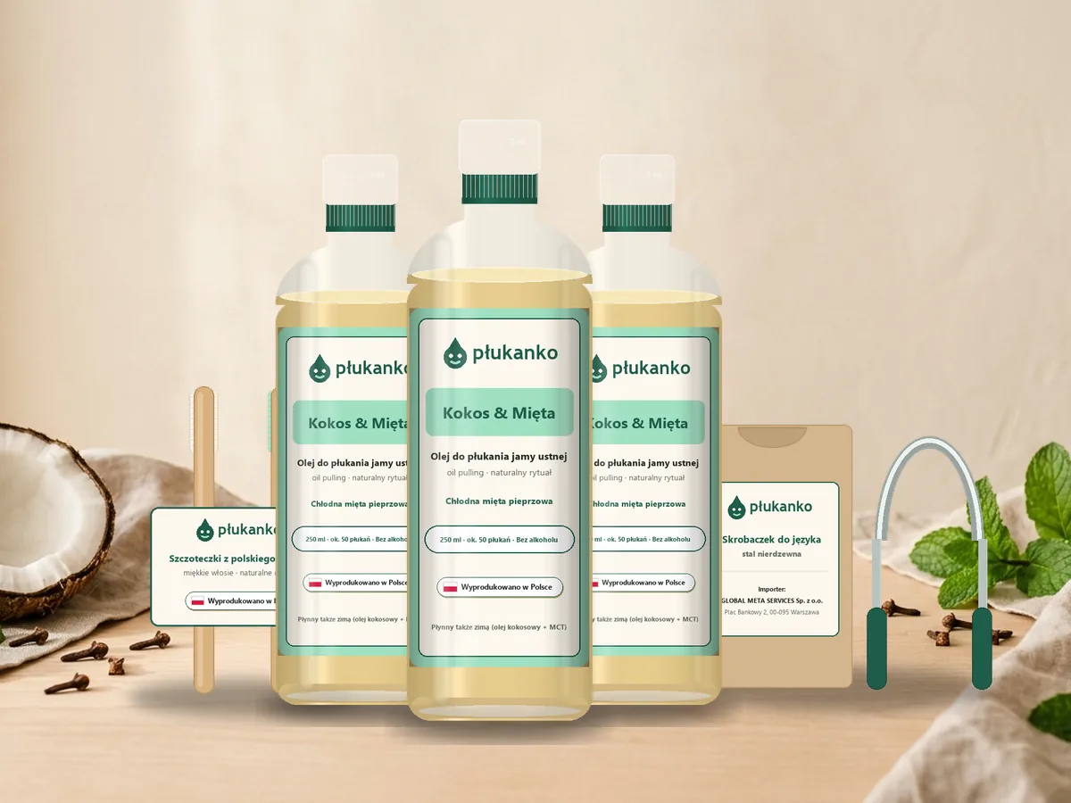 Kuracja 3 miesiące Płukanko Kokos & Mięta – 3 butelki 250 ml, skrobaczek do języka i 2 szczoteczki bukowe