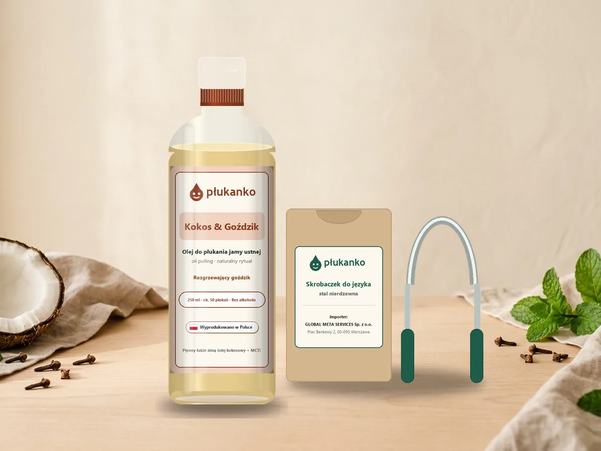 Zestaw Start Płukanko Kokos & Goździk – butelka 250 ml i skrobaczek do języka